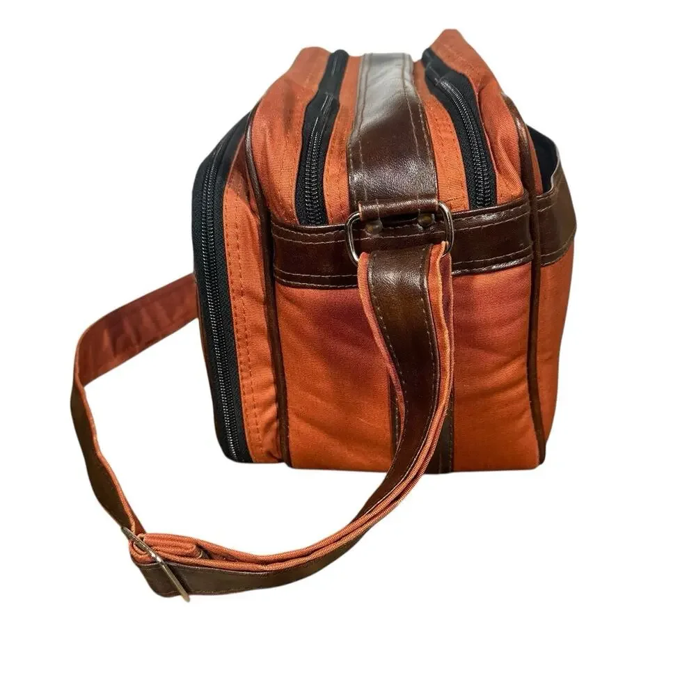 Vtg Camera Bag Orangish Brown Canvas Faux Leather Trim Padded Case Strap 12x7.5